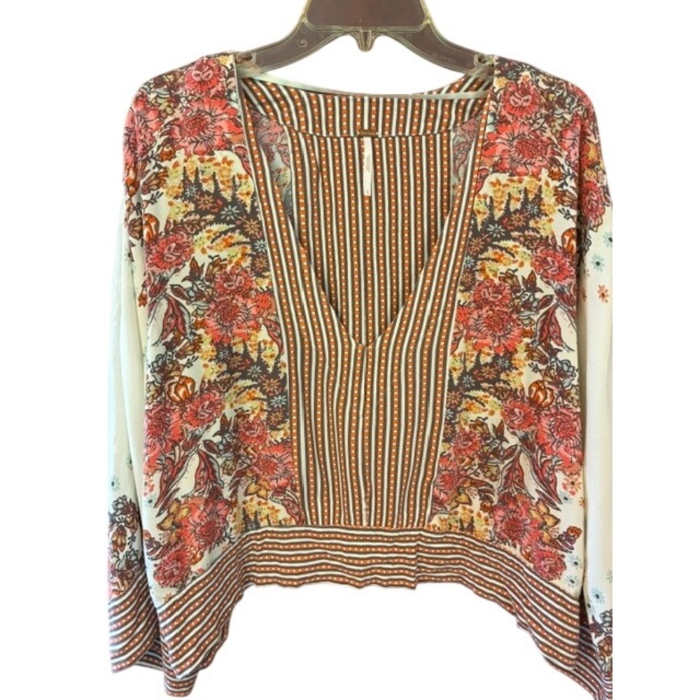 Free People Mixed Print Blouse Womens Large Orange Floral Striped V-Neck Cropped - Picture 6 of 6